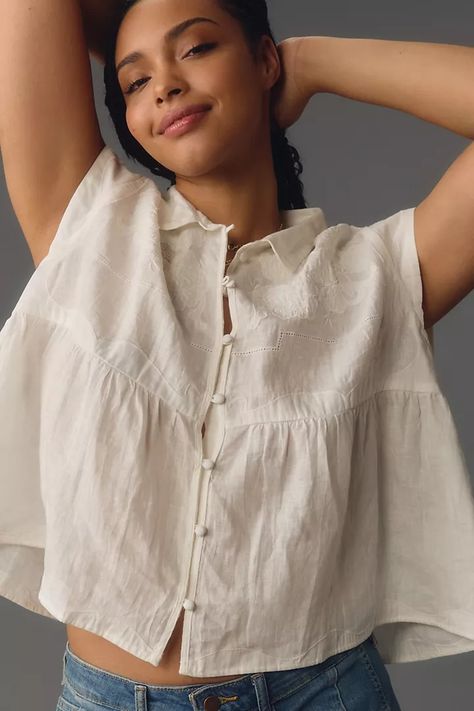 Women's Tops, Blouses, Tees and Tanks | Anthropologie Japan Outfit, Casual Day Outfits, Women Blouses, Casual Tops For Women, Fashion Sewing, Women's Tops, Cotton Linen, Casual Tops, Casual Wear