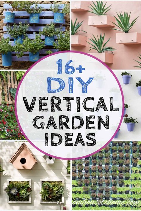 DIY Vertical Garden Ideas (For More Growing Space In Small Gardens) Garden Puns, Diy Vertical Garden, Vertical Pallet Garden, Vertical Succulent Gardens, Vertical Garden Ideas, Grow Herbs, Taman Diy, Vertical Garden Design, Vertical Vegetable Garden