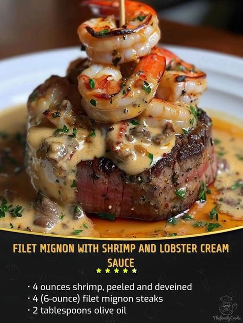 Fancy Surf And Turf Dinner, Fancy Seafood Recipes, Plate Food Presentation, Steak Presentation, Surf And Turf Recipes, Steak With Shrimp, Food Moodboard, Recipe For Steak, Lobster Cream Sauce