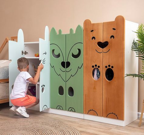 BUSYWOOD Animals Dresser – Toddler Dresser Organizer for Bedroom - Playroom Furniture - Wardrobe Closet - Kids Armoire - Montessori Armoire - Wooden Closet Toddler Dresser, Closet Dressers, Montessori Wardrobe, Kids Armoire, Dresser Organizer, Montessori Bedroom, Wooden Closet, Apple Activities, Wood Store