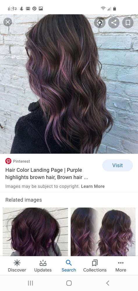 Purple Highlights For Dark Brown Hair, Purple Balayage Dark Blonde, Plum Purple Highlights Brown Hair, Brown Purple Highlights, Brunette With Purple Underneath, Balayage Hair With Purple, Subtle Purple Highlights In Brown Hair, Brunette With Purple Peekaboo, Brunette Hair With Purple Peekaboos