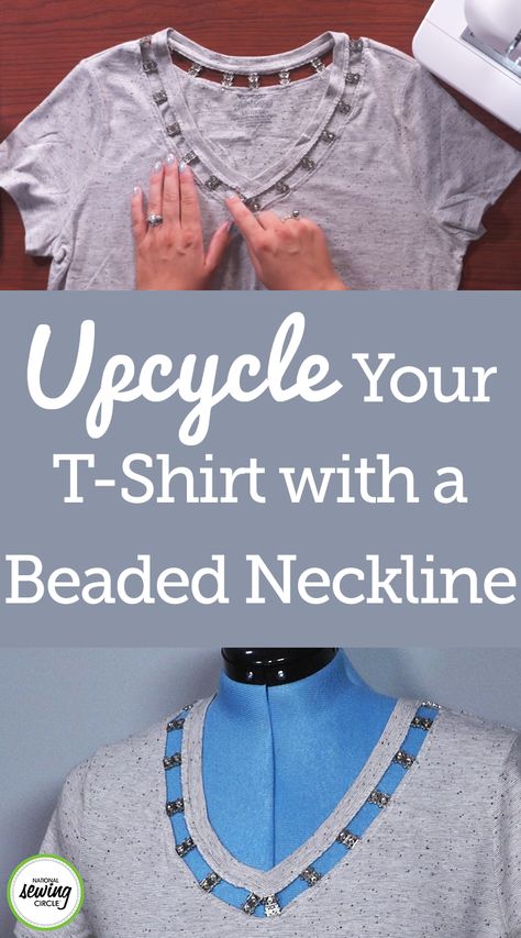 There are many ways to dress up a simple t-shirt. Ashley Hough shares a fun way to upcycle a t-shirt by adding a simple beaded neckline. For this method of upcycling a t-shirt you will need a t-shirt, preferably one with a banded neckline, beads and a hand sewing needle. Ashley explains what kinds of beads work best for this project, which are beads that have the opening along the top and bottom of the bead as opposed to the sides. These beads work better because of the way they will be attach Shirt Embellishments, Sewing Upcycle, Beaded Neckline Dress, Sewing Area, Upcycling Clothes, Upcycle Clothing, Blouse Ideas, Sewing Circles, Recycled Clothing