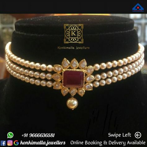 #KJ_G556 Net Weight: up to 4 grams Item : Pearl Neck Design Fb, Insta, Pinterest: @konkimalla.jewellers Neck Chain Design, Chokers Gold, Pearl Bridal Jewelry Sets, 22k Gold Bangles, Pearl Neck, Choker Designs, Pearl Jewelry Design, Bridal Diamond Jewellery, Aari Embroidery