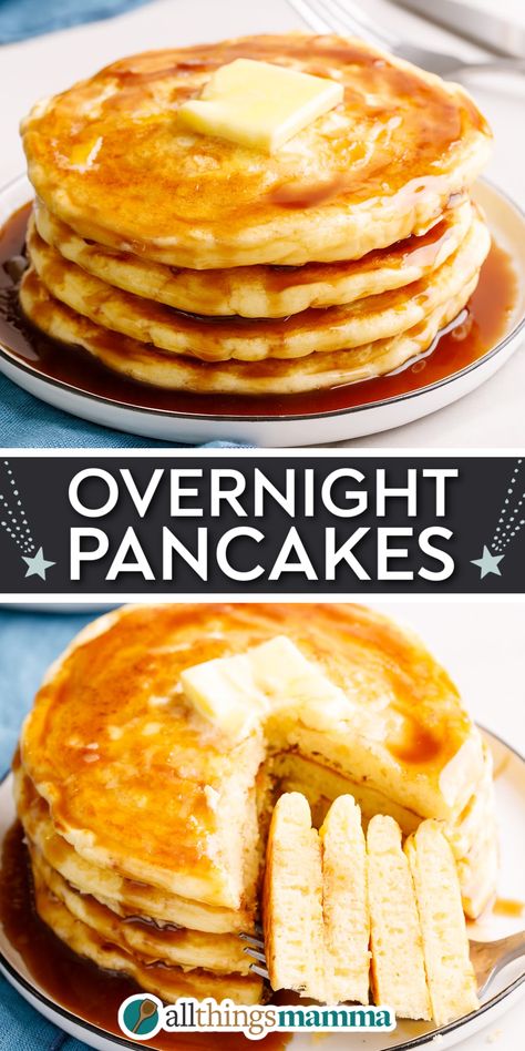 collage image with the top image showing a stack of four Overnight Pancakes topped with a tab of butter and homemade syrup and the bottom image showing the pancakes being cut into to reveal the cross section Yeast Pancakes Overnight, Slow Cooker Pancakes, Yeast Pancakes Recipe, Overnight Pancake Batter, Different Types Of Pancakes, Make Ahead Pancake Batter, Yeasted Pancake, Crockpot Pancakes, Hungry Jack Pancake Mix Recipes