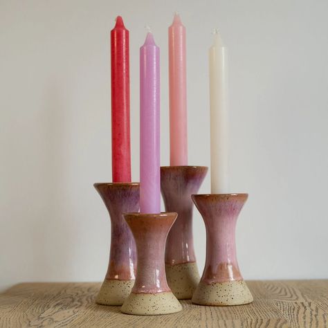 These ceramic candle holders were crafted on a pottery wheel using speckled cream-colored clay (933) from Goerg & Schneider. Each one features a unique glaze application, starting with 3 layers of Rose Quartz and a coating of Flux (Light or Dark) from Macyo. The final 3 layers of glaze vary for each candle holder, adding to their individual charm. Detailed glazing specifics for each piece will be shared in upcoming posts. Deze keramische kandelaars zijn gemaakt met een draaischijf. Ik gebrui... Wheel Thrown Pottery Candle Holders, Ceramic Candle Stick Holders, Ceramic Candle Stick, Pottery Candle Holders, Stick Candles, Colored Clay, Candle Stick Holders, Pottery Candle, Air Dry Clay Projects