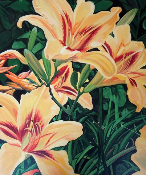 By Joseph Linch. Painting Yellow, Lily Painting, Day Lilies, Realism Painting, Tiger Lily, Artwork For Sale, Painting Acrylic, Floral Painting, Acrylic On Canvas