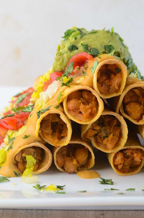 Crispy Chickpea Taquitos with Spicy Queso (Vegan)