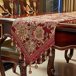 Luxury Vintage Table Runners 72 inches Long Embroidery Jacquard Fabric with Multi-Tassels Table Runners for Dining Room Dresser Wedding Thanksgiving Holiday Party Decorations (Red, 12X72inch) Burgundy Table Cloth With Gold Runner, Cream Table Cloth With Burgundy Runner, Burgundy Tablecloth With Gold Runner, Red Dining Room Decor, Narnia 1, Dining Room Dresser, Festive Dining Table, Red Table Runner, Room Dresser