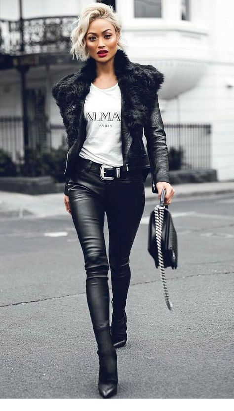 Micah Gianelli, Micah Gianneli, Black And White Outfit, Pastel Outfit, Black Leather Pants, Rocker Chic, Looks Black, White Outfits, Edgy Fashion