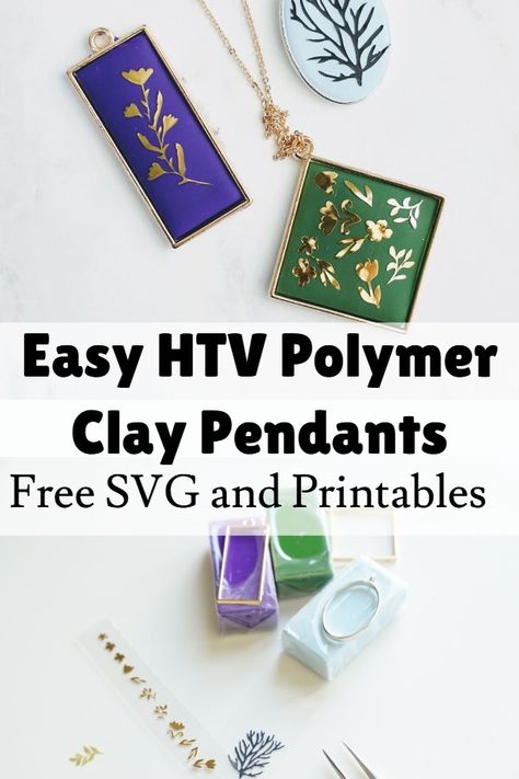 Easy polymer clay jewelry idea with HTV designs, free printables and SVG Diy Leather Feather Earrings, Feather Earrings Diy, Htv Designs, Cricut Jewelry, Polymer Clay Pendants, Easy Polymer Clay, Diy Polymer Clay, Svg Templates, Finding A New Hobby