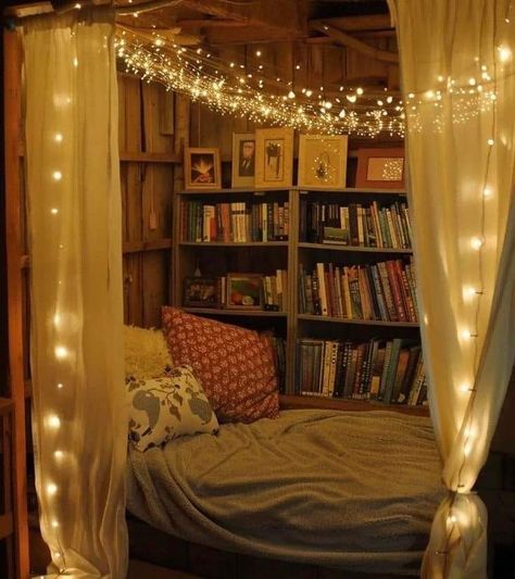 Cozy Secret Room, Bedroom With Lots Of Books, Cozy Reading Bedroom, Book Filled Bedroom, Secret Reading Nook, Cosy Reading Room, Reader Bedroom, Reading Nook Aesthetic, Nook In Bedroom