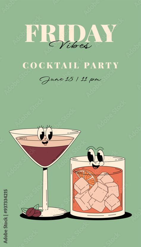 Retro Groovy Party Invitation. Funky cocktail characters Tini espresso martini and negroni. Vintage Friday vibes. Summer vector vertical poster Espresso Martini Illustration, Cocktails Vector, Groovy Party, Summer Vector, Cocktail Party Invitation, Friday Vibes, Food Branding, Vertical Poster, Retro Groovy