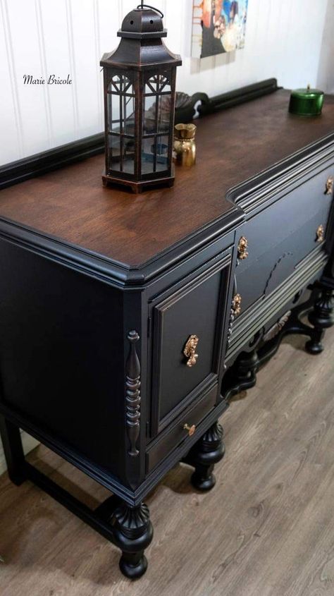 Upcycled Furniture Black, Dark Moody Furniture, Buffet Table Vintage, Half Painted Furniture, Buffet Restoration Ideas, Painted Vintage Buffets And Sideboards, Buffet Table Redo Diy Projects, Refurbished Buffet Table, Moody Painted Furniture