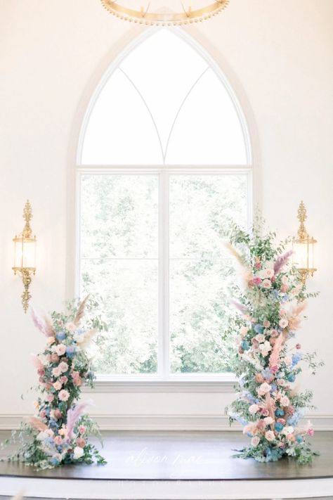 Pinks And Blue Wedding, Pastel Wedding Arch Flowers, Blue And Pink Wedding Florals, Wedding Ceremony Floral Pillars, Wedding Floral Pillars, Pastel Wedding Arch, Pink And Blue Wedding Decor, Floral Pillars Wedding, Light Blue And Pink Wedding