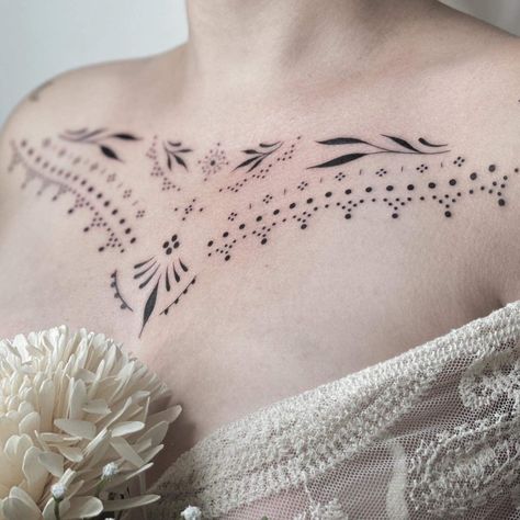 Ornamental Chest Tattoo, Tummy Tattoo, Collarbone Tattoo, Boho Tattoos, Dot Tattoos, Ornamental Tattoo, Chest Piece Tattoos, Sternum Tattoo, Collar Bone Tattoo