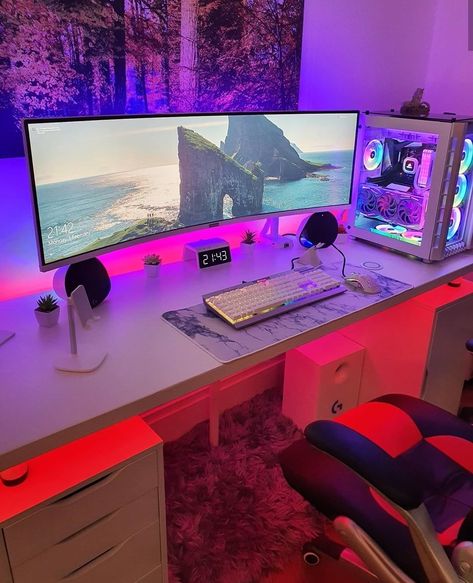 Gaming Desk Setup, Best Gaming Setup, Computer Gaming Room, Gamer Setup, Computer Desk Setup, Gamer Room Decor, Pc Gaming Setup, Video Game Room Design, Video Game Rooms