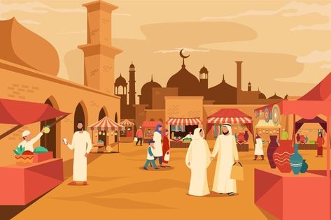 Arab bazaar with mosque behind market | Free Vector #Freepik #freevector #sale #shop #human #street Arabic Illustration Design, Arabian Restaurant, Arabic Illustration, Quran Stories, Islamic Illustration, Ramadan Kareem Decoration, Isometric Drawing, Idul Adha, Ramadan Background