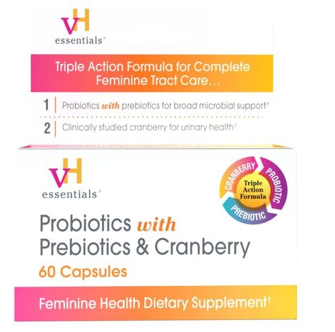 vH essentials Probiotics with Prebiotics and Cranberry Feminine Health Supplement - 60 Capsules Vh Essentials, Cranberry Pills, Cranberry Supplements, Face Regimen, Glutathione Whitening, Herbal Elixir, Urinary Health, Prebiotics And Probiotics, Feminine Health