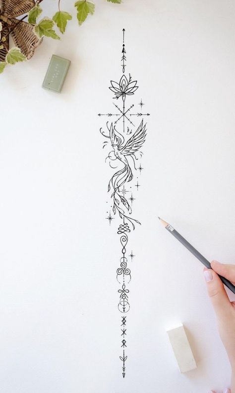 Astrological Spine Tattoo, Phoenix Spine Tattoos For Women, Aries Spine Tattoo, Womens Spine Tattoos Ideas, Fine Line Tattoo Spine, Fine Line Mandala Tattoo, Elegant Tattoo Ideas, Tiny Tattoos For Women, Hand And Finger Tattoos