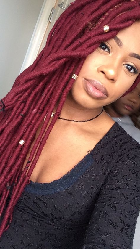 @westafricangurll my red yarn locs, faux locs, locs Faux Locs With Color, Locks Hairstyles For Women, Braids With Straight Hair, Red Faux Locs, Locs With Color, Wool Braids, Yarn Twists, Yarn Locs, African Crochet