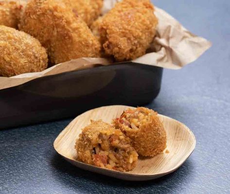 Fried Jambalaya Balls | Ready Set Eat Jambalaya Balls, Sausage And Rice, Ready Set Eat, Cajun Dishes, Cajun Creole Recipes, Spicy Rice, Crowd Pleasing Appetizers, Cajun Cooking, Louisiana Recipes