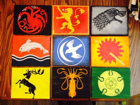 Game of Thrones House Sigils. I painted these as a set for a friend.  Acrylic paint on 8x10 stretched canvases Game Of Thrones Painting Easy, House Of The Dragon Painting, Game Of Thrones Painting Ideas, Game Of Thrones Painting, Game Of Thrones Canvas Painting, Game Of Thrones Silhouette Art, Game Of Thrones Stained Glass Art, Artistic Ideas, Drawing Games