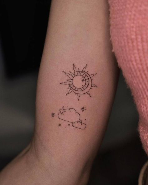 Sun Moon Star Cloud Tattoo, Sun Moon Clouds Tattoo, Sun Moon Heart Tattoo, Sun And Moon Tattoo Ribs, Sun Moon Stars Clouds Tattoo, Sun Moon Arm Tattoo, Elegant Moon Tattoo, Sun And Moon Tattoo Together, Sun Moon Cloud Tattoo