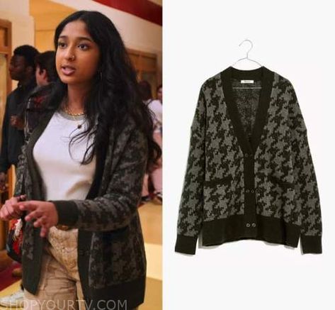 Devi Outfits, Devi Vishwakumar, Houndstooth Cardigan, Worn On Tv, Wardrobe Clothes, Where To Buy Clothes, Tv Show Outfits, Never Have I Ever, Fashion Tv