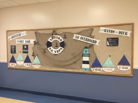 Nautical Bulletin Board Nautical Bulletin Boards Back To School, Lake Bulletin Board Ideas, All Hands On Deck Bulletin Board, Nautical Theme Bulletin Board, Nautical Classroom Door Ideas, Starfish Bulletin Board Ideas, Coastal Theme Classroom, Sailing Bulletin Board Ideas, Nautical Bulletin Board Ideas