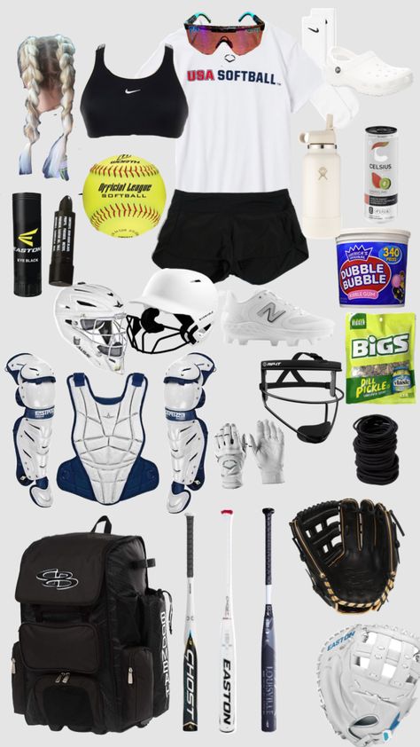 Softball Needs Products, Softball Aesthetic Outfit, What To Wear To Softball Tryouts, What To Keep In Your Softball Bag, Softball Outfits Women, Softball Practice Fits, Softball Tryouts Outfit, Softball Catcher Aesthetic, What To Wear To Softball Practice