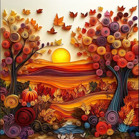 paper quilling, fall theme, fall colors, high detail, leaves, pumpkins, trees Paper Quilling Landscape, Quilling Landscape, Quilling Frames, Quilled Tree, Paper Filigree, Quilled Paper Art, Quilling Ideas, Paper Quilling Designs, Fall Theme