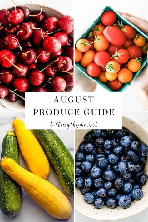 What's in Seasons? August Produce Guide.    #seasonalproduce #augustproduce #produceguide #produce #vegetables #fruit #summer #summerproduce August Produce In Season, August Vegetables In Season, August Produce, August Fruit, September Produce, 1st August, Thyme Recipes, Cherry Tomato Pasta, Roasted Radishes