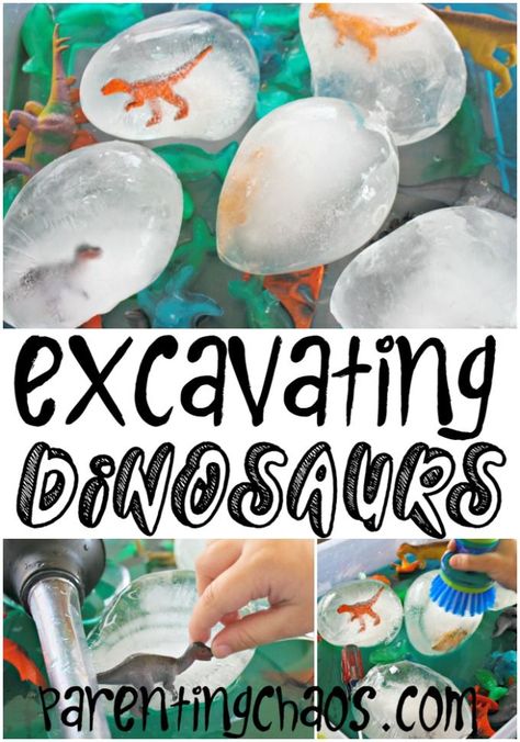 Excavating Dinosaurs from Ice Dinosaur Ice Eggs, Frozen Toys In Ice, Dinosaur Stem Activities Preschool, Dinosaur Stem Activities, Fizzy Dinosaur Eggs, Frozen Dinosaur Eggs, Dinosaur Lesson, Nanny Activities, Dinosaur Projects