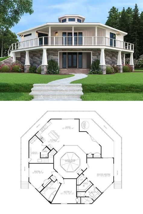 Make this rare home your dream home as we reveal this 2-story modern octagon house plan with wraparound deck and octagon house interior. Shown is the beautiful cape cod, modern beach style exterior. Floor Plan Specifics: 3 bedroom, 2.5 bathroom, and 2299 sq.ft. in area. Follow us to discover more octagon house plans layout. Courtesy of The House Designers. Octagon House Plans, Hexagon House, Wraparound Deck, Round House Plans, Octagon House, Beach House Plans, Architectural Floor Plans, Modern Beach, Unique Houses