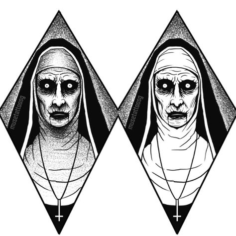 Alter Ego on Instagram: “Valak up for grab! Which do you prefer, left or right ? #valak #satanicnun” Valak Drawings, The Nun Valak Tattoo, Valak Tattoo, Valak Tattoo Design, The Nun Valak, Nun Tattoo, Horror Sleeve, Horror Movie Tattoos, Art Ho