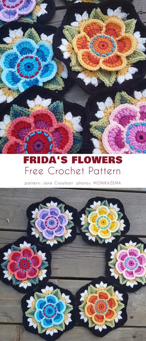 Frida Flowers Crochet, African Flower Motif Crochet, Fridas Flowers Crochet Pattern, Frida Kahlo Crochet Pattern, Frida’s Flowers Blanket, Frida's Flowers Crochet Blanket, African Flower Granny Hexagon, Fridas Flowers Crochet, 3d Flower Granny Square Crochet Free Pattern