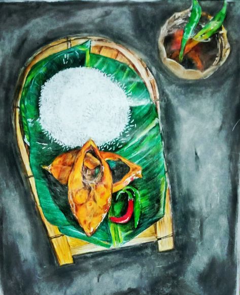 My art. Realistic art. Elish fry and rise.one of the most best Bengali traditions dish. Poster Colour Realistic Painting, Bengali Paintings Art, Bengali Food Drawing, Bengali Food Illustration, Bengali New Year Drawing, Bengali Illustration Art, Bengali Art Culture, India Illustrated, Bengali Painting