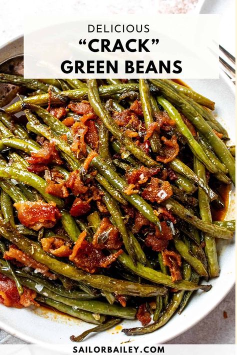 Crack green beans is a sweet and savory side dish topped with crispy bacon and smothered in a delicious brown sugar soy sauce. via @sailor_bailey Cracked Green Beans, Sailor Bailey, Beans With Bacon, Green Beans With Bacon, Christmas Side Dishes, Christmas Side, Xmas Dinner, Dinner Side Dishes, Green Bean Recipes