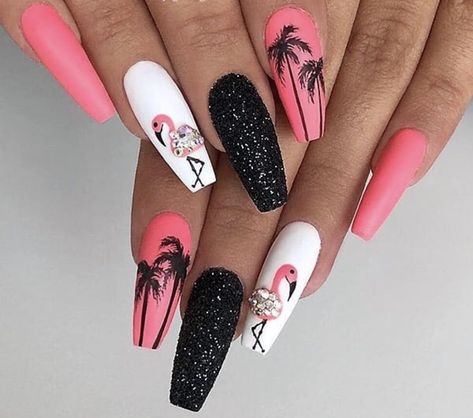 Pink / Black Nails Tropical Nails Acrylic, Pink Black Nails, Long Coffin Nails, Flamingo Nails, Tree Nails, Glow Nails, Coffin Nails Long, Summer Acrylic Nails, Beach Nails