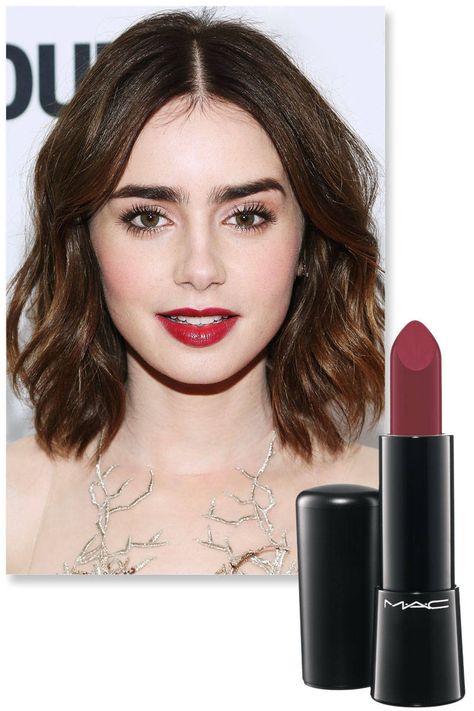 M·A·C Mineral Rich Lipstick in All Out Gorgeous (Lily Collins): deep berry w/ hints of red perfectly complements porcelain complexion Lily Collins Lipstick, Clear Winter Makeup Looks, Berry Red Lips, Cold Red Lipstick, French Red Lip, Soft Red Lip, Dark Winter Makeup, Bold Lips Makeup, Cranberry Lipstick