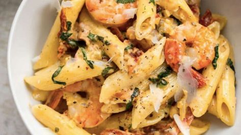 Creamy Cajun Chicken and Prawn Pasta | The Six O'Clock Show Chicken And Prawn Pasta, Chicken In Foil, Prawn Pasta, Creamy Cajun Chicken, Chicken Fillets, Raw Prawns, Romaine Salad, Virgin Media, Cajun Chicken Pasta