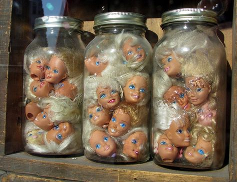 Barbie heads in jars by Kathleen Mavourneen, via Flickr Head In A Jar, Halloween Memes, Bad Barbie, Halloween Doll, Trailer Park, Creepy Dolls, Doll Parts, Creepy Cute, Doll Head