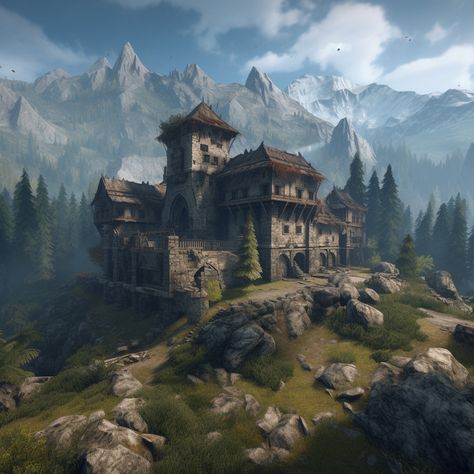 Fantasy Castle Concept Art, Medieval Castle Concept Art, The Witcher 3 Concept Art, Mountain Castle, Fantasy Fortress, Small Castle, Dwarven City, Fantasy Village, Small Castles