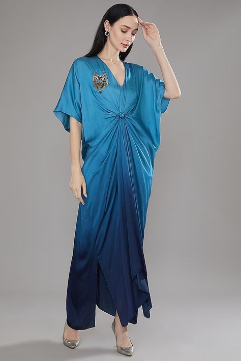 Blue Ombre Modal Satin Kaftan Style Maxi Dress Design by Angry Owl at Pernia's Pop Up Shop 2024 Angry Owl, Mehendi Dresses, Maxi Dress Indian, Satin Kaftan, Contemporary Bridal, Kaftan Style, Designer Dresses For Women, Destination Wedding Dress, Engagement Dresses