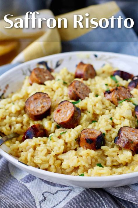 Saffron Risotto with Sausage Sausage Risotto, Saffron Risotto, Risotto Milanese, Pork Hock, Sage Sausage, Potato Rice, Hot Italian Sausage, Favorite Recipes Dinner, Spicy Pork