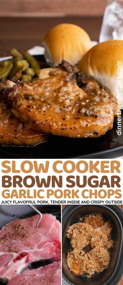 Slow Cooker Brown Sugar Garlic Pork Chops are delicious and juicy inside with crispy outsides, flavored with sugar, garlic, salt, and pepper! Brown Sugar Garlic Pork Chops, Slow Cooker Pork Chops Recipes, Garlic Pork Chops, Pork Crockpot Recipes, Pork Chop Recipes Crockpot, Slow Cooker Recipes Pork, Honey Garlic Pork Chops, Pork Chop Recipe, Pork Chop Recipes Baked