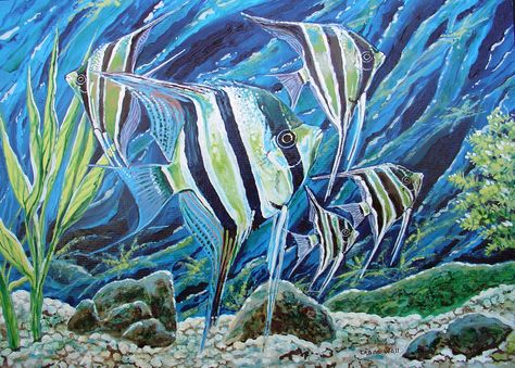 Angel Fish Painting, Fish Canvas Painting, Fish Acrylic Painting, Fish Acrylic, Fish School, Ocean Art Painting, Underwater Scenes, Underwater Painting, Watercolor Ocean