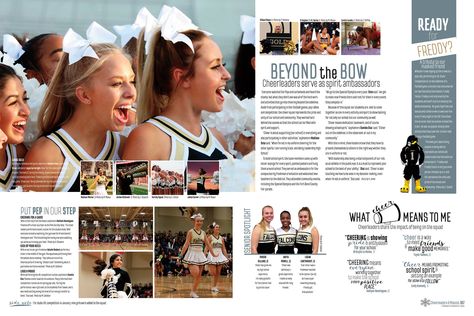 Varsity Cheer Yearbook Page, Cheer Spreads Yearbook, Cheer Headlines For Yearbook, Cheer Yearbook Page, Cheer Yearbook Spread, Yearbook Spreads Ideas Layout, Yearbook Spread Ideas, Yearbook Sports Spreads, Yearbook Advisor