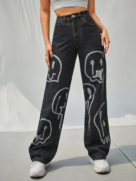 Celana Jogger Wanita, Baggy Clothes, Cute Pants, Casual Wide Leg Pants, Cooler Look, Printed Jeans, Cute Jeans, Loose Jeans, Printed Denim