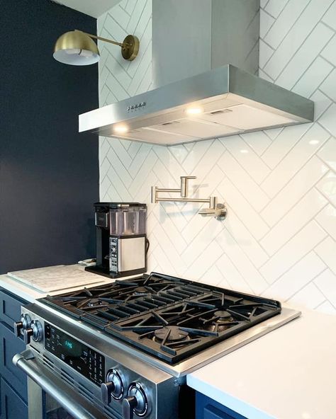 Herringbone Backsplash Backsplash With Black Cabinets, Hood Range, Herringbone Backsplash, 2024 Ideas, Black Cabinets, Range Hood, Stove Top, Backsplash, Herringbone